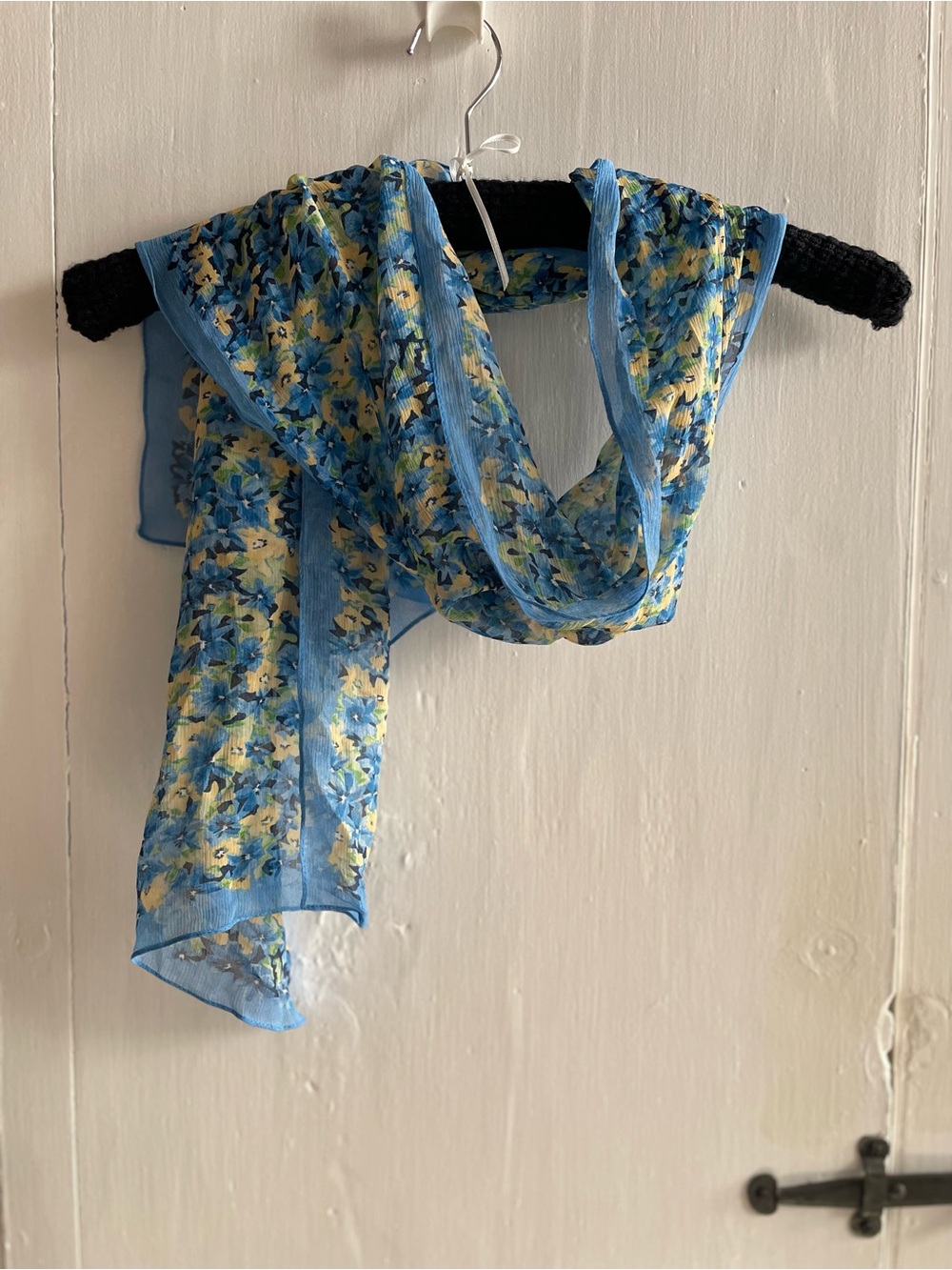 Talbots Vintage 100% Silk Chiffon Blue Floral Rectangle Scarf Border apx 56"x14"